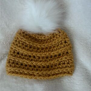 Crocheted Mustard Yellow baby Hat with White Pom Pom